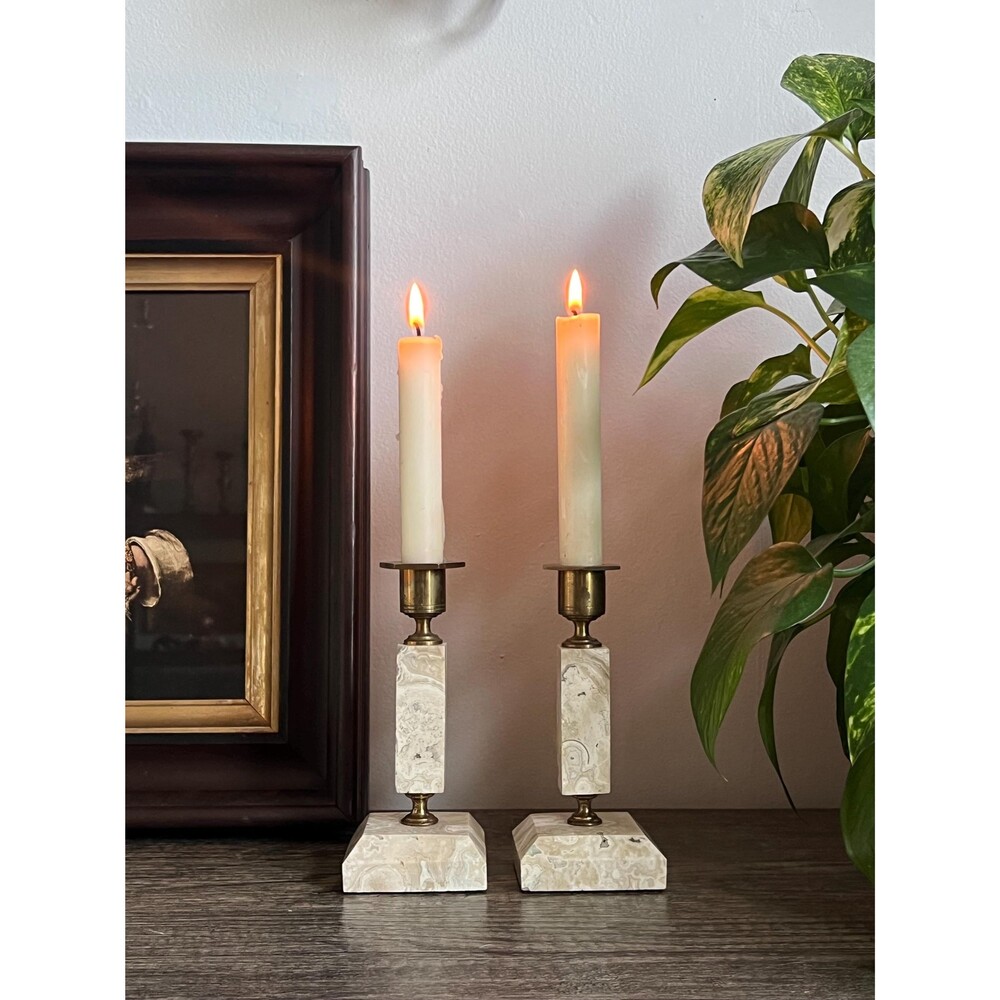 Pair of Vintage Cream-colored Marbled Stone with Brass Candle Holders